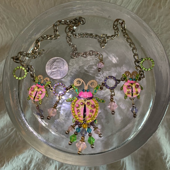 Lunch at the RITZ (LATR2GO) Colorful Lady Beetle Necklace with Crystals VINTAGE